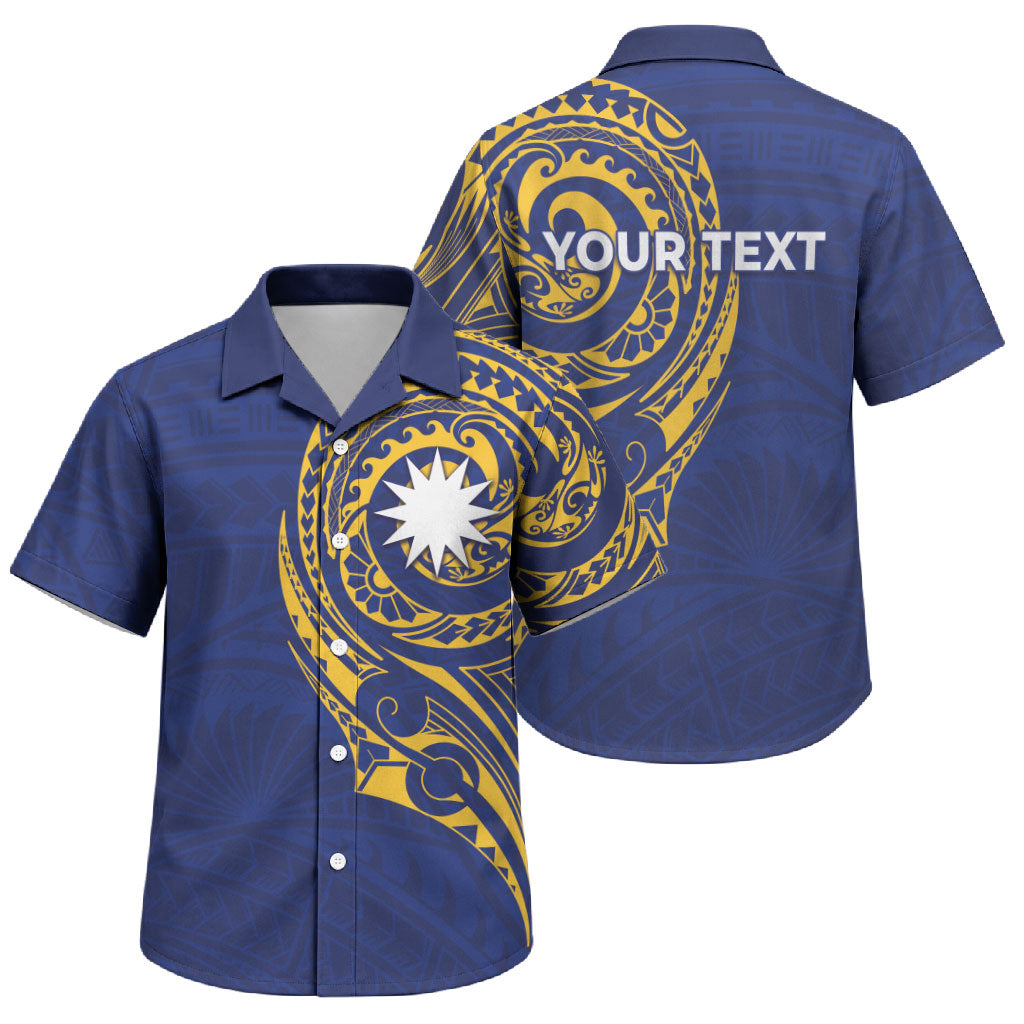 Personalised Nauru Angam Day Family Matching Off The Shoulder Long Sleeve Dress and Hawaiian Shirt Gold Navy Tribal Pattern