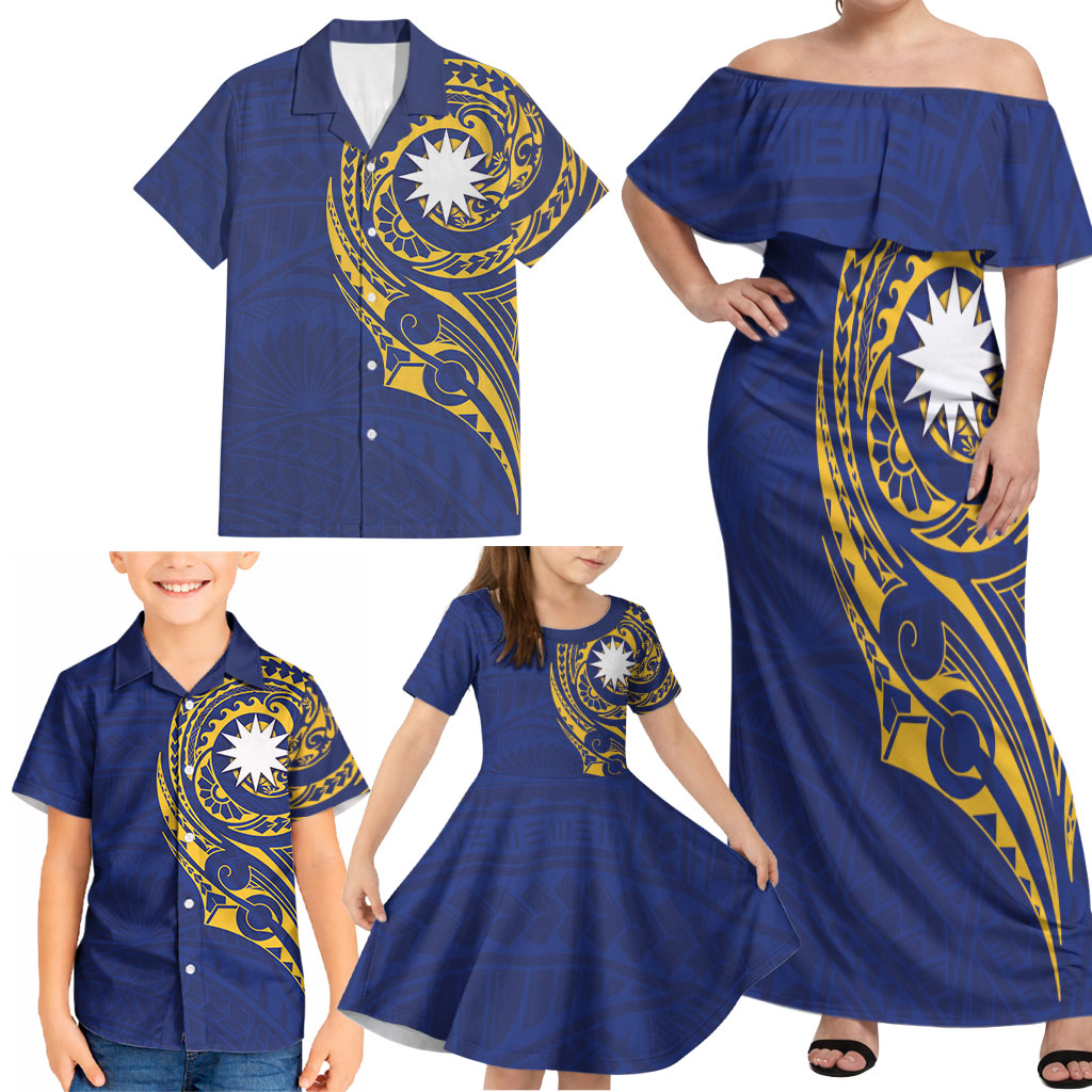 Personalised Nauru Angam Day Family Matching Off Shoulder Maxi Dress and Hawaiian Shirt Gold Navy Tribal Pattern LT05 - Polynesian Pride