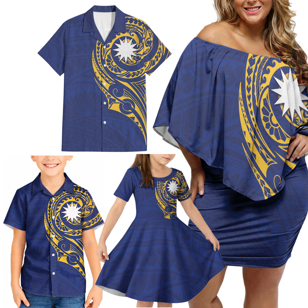 Personalised Nauru Angam Day Family Matching Off Shoulder Short Dress and Hawaiian Shirt Gold Navy Tribal Pattern LT05 - Polynesian Pride