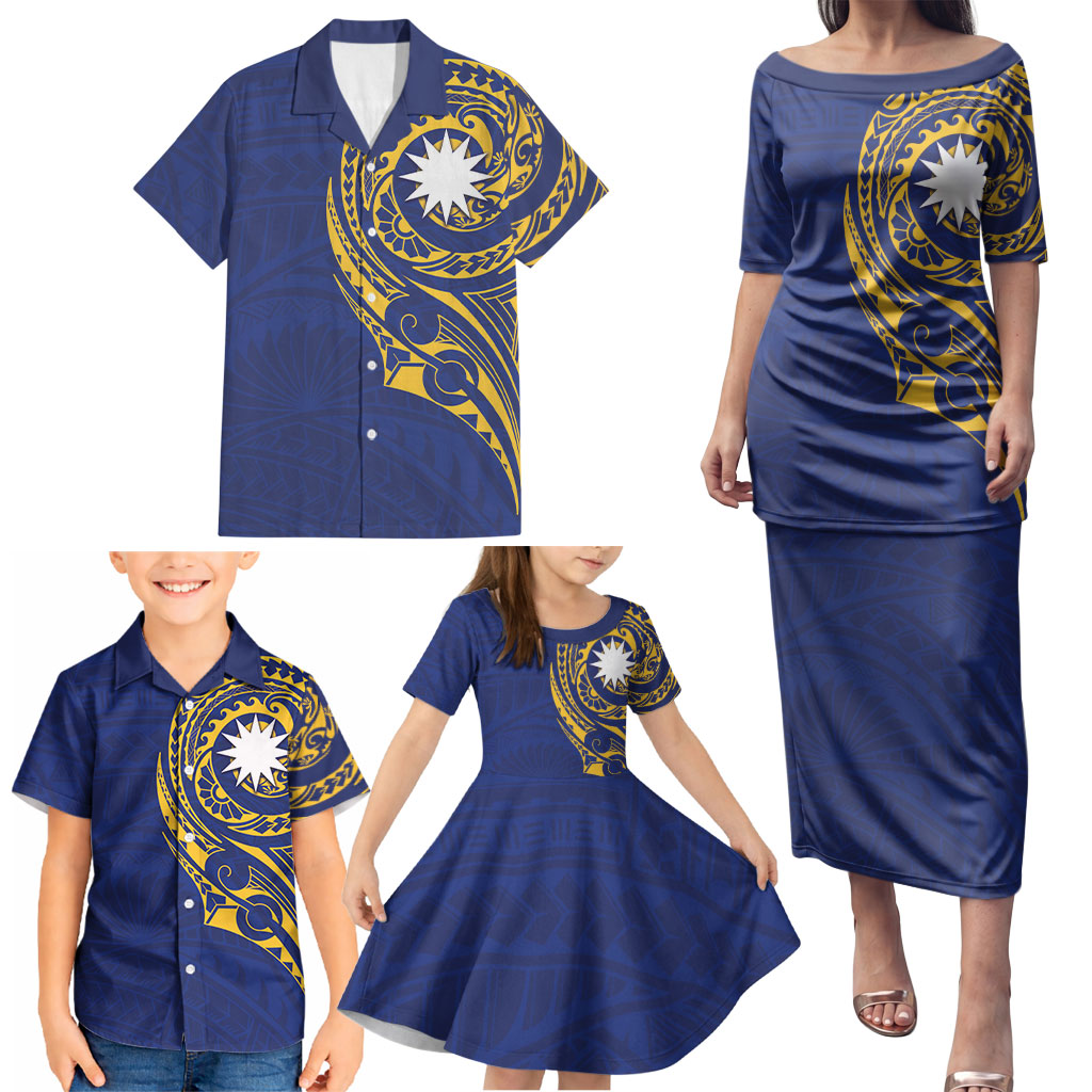 Personalised Nauru Angam Day Family Matching Puletasi and Hawaiian Shirt Gold Navy Tribal Pattern LT05 - Polynesian Pride