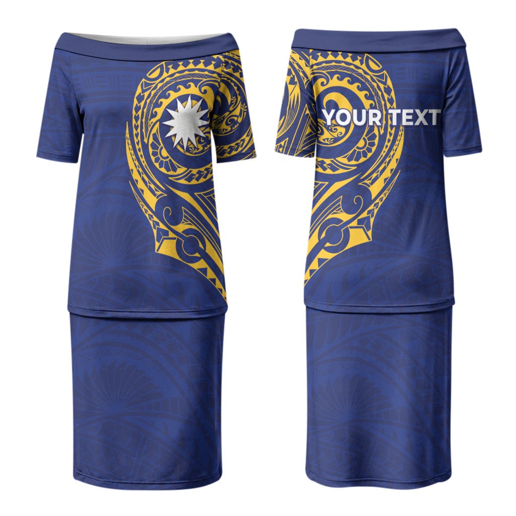 Personalised Nauru Angam Day Family Matching Puletasi and Hawaiian Shirt Gold Navy Tribal Pattern