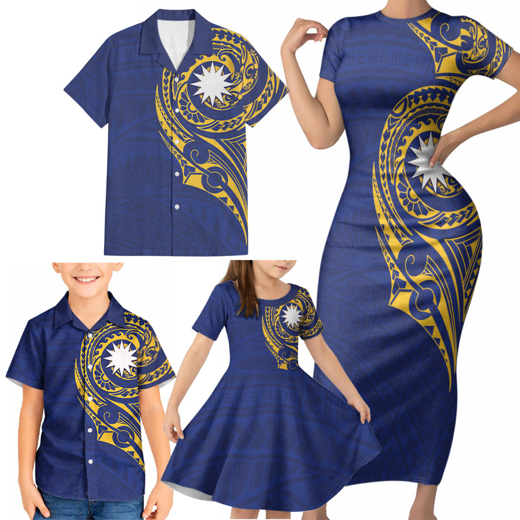Personalised Nauru Angam Day Family Matching Short Sleeve Bodycon Dress and Hawaiian Shirt Gold Navy Tribal Pattern LT05 - Polynesian Pride