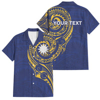 Personalised Nauru Angam Day Family Matching Short Sleeve Bodycon Dress and Hawaiian Shirt Gold Navy Tribal Pattern