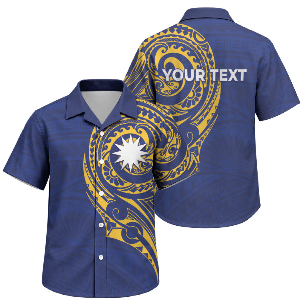 Personalised Nauru Angam Day Family Matching Short Sleeve Bodycon Dress and Hawaiian Shirt Gold Navy Tribal Pattern