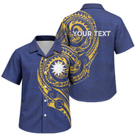 Personalised Nauru Angam Day Family Matching Short Sleeve Bodycon Dress and Hawaiian Shirt Gold Navy Tribal Pattern
