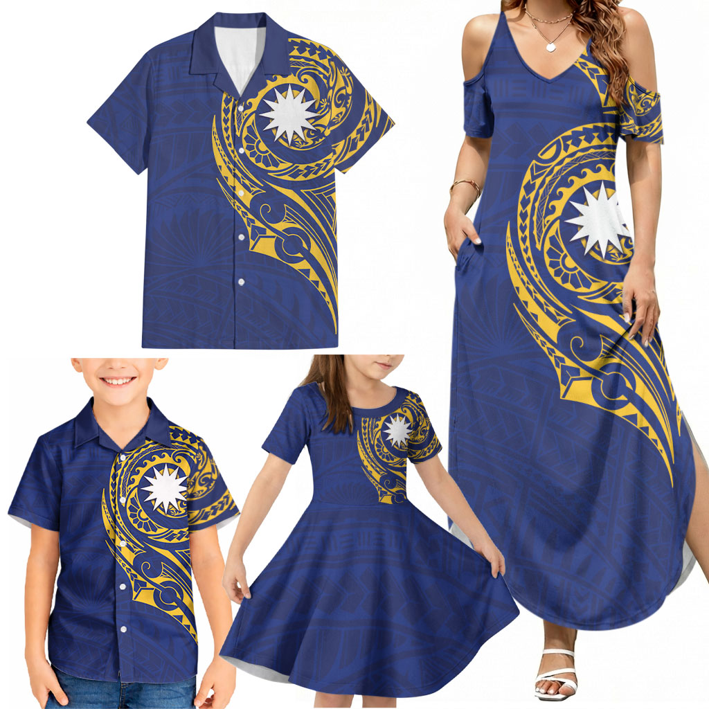 Personalised Nauru Angam Day Family Matching Summer Maxi Dress and Hawaiian Shirt Gold Navy Tribal Pattern LT05 - Polynesian Pride