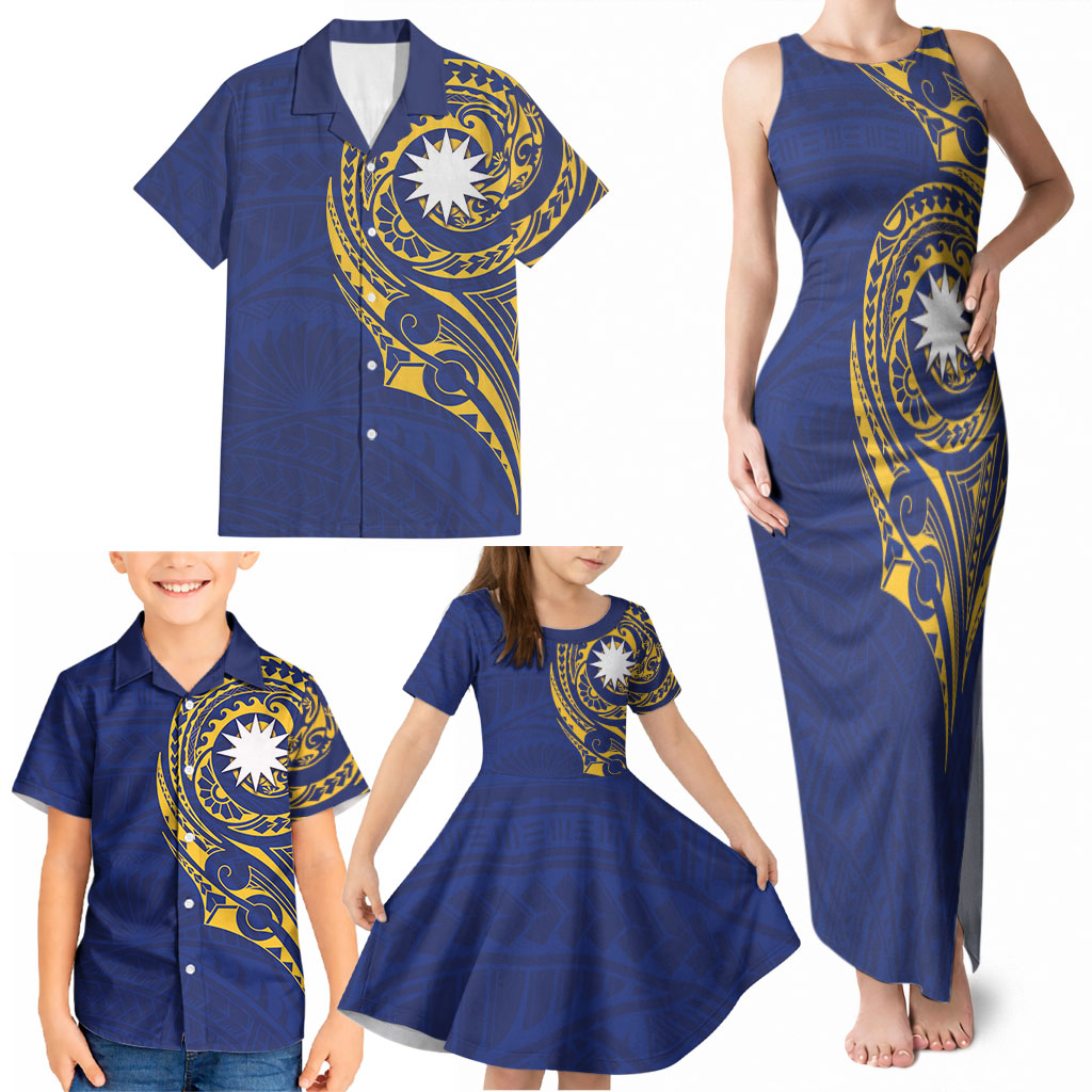 Personalised Nauru Angam Day Family Matching Tank Maxi Dress and Hawaiian Shirt Gold Navy Tribal Pattern LT05 - Polynesian Pride