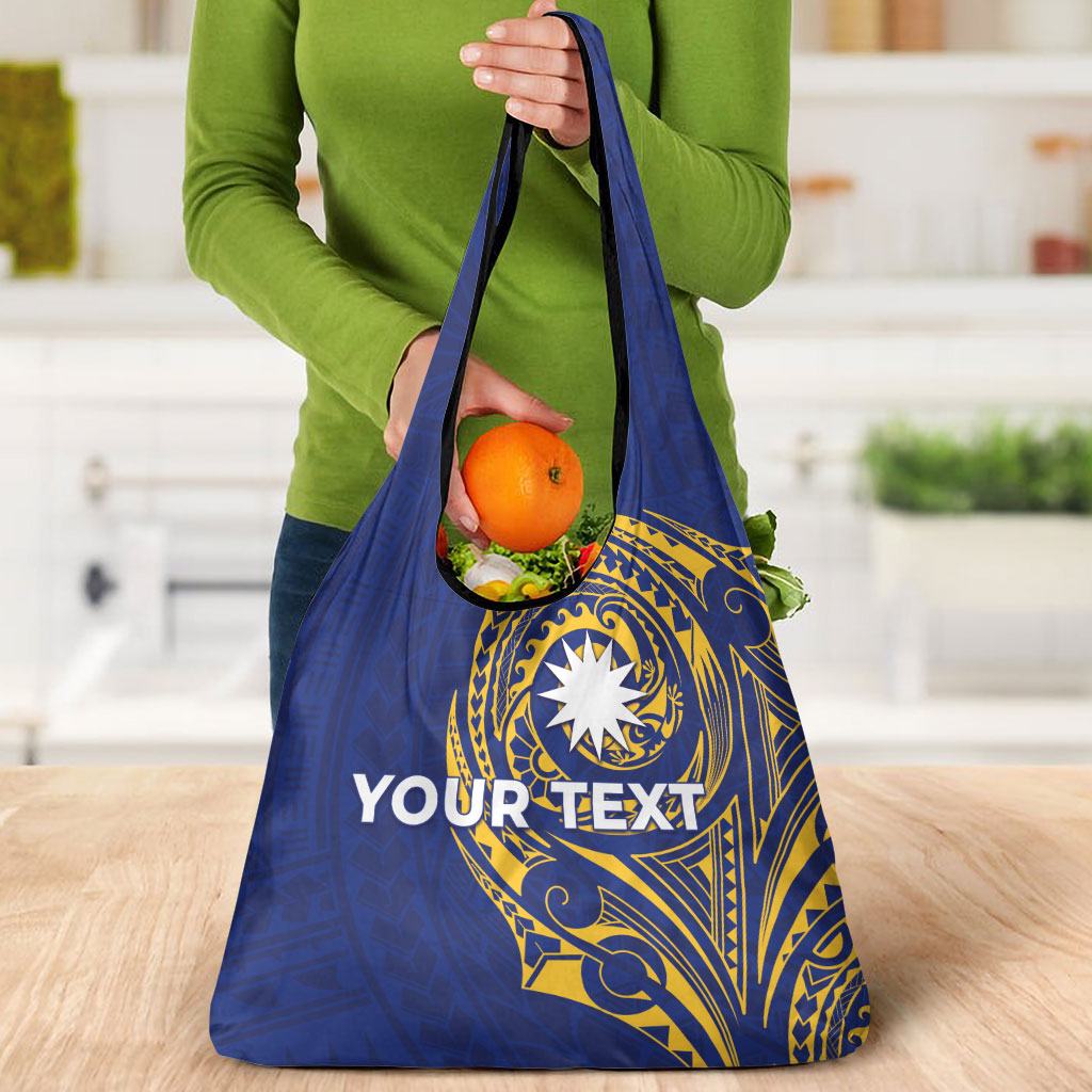 Personalised Nauru Angam Day Grocery Bag Gold Navy Tribal Pattern