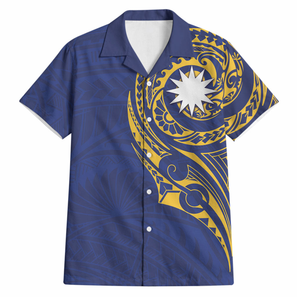 Personalised Nauru Angam Day Hawaiian Shirt Gold Navy Tribal Pattern LT05 Blue - Polynesian Pride