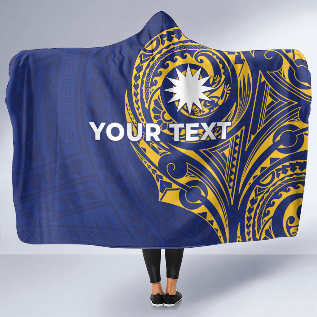 Personalised Nauru Angam Day Hooded Blanket Gold Navy Tribal Pattern LT05 One Size Blue - Polynesian Pride