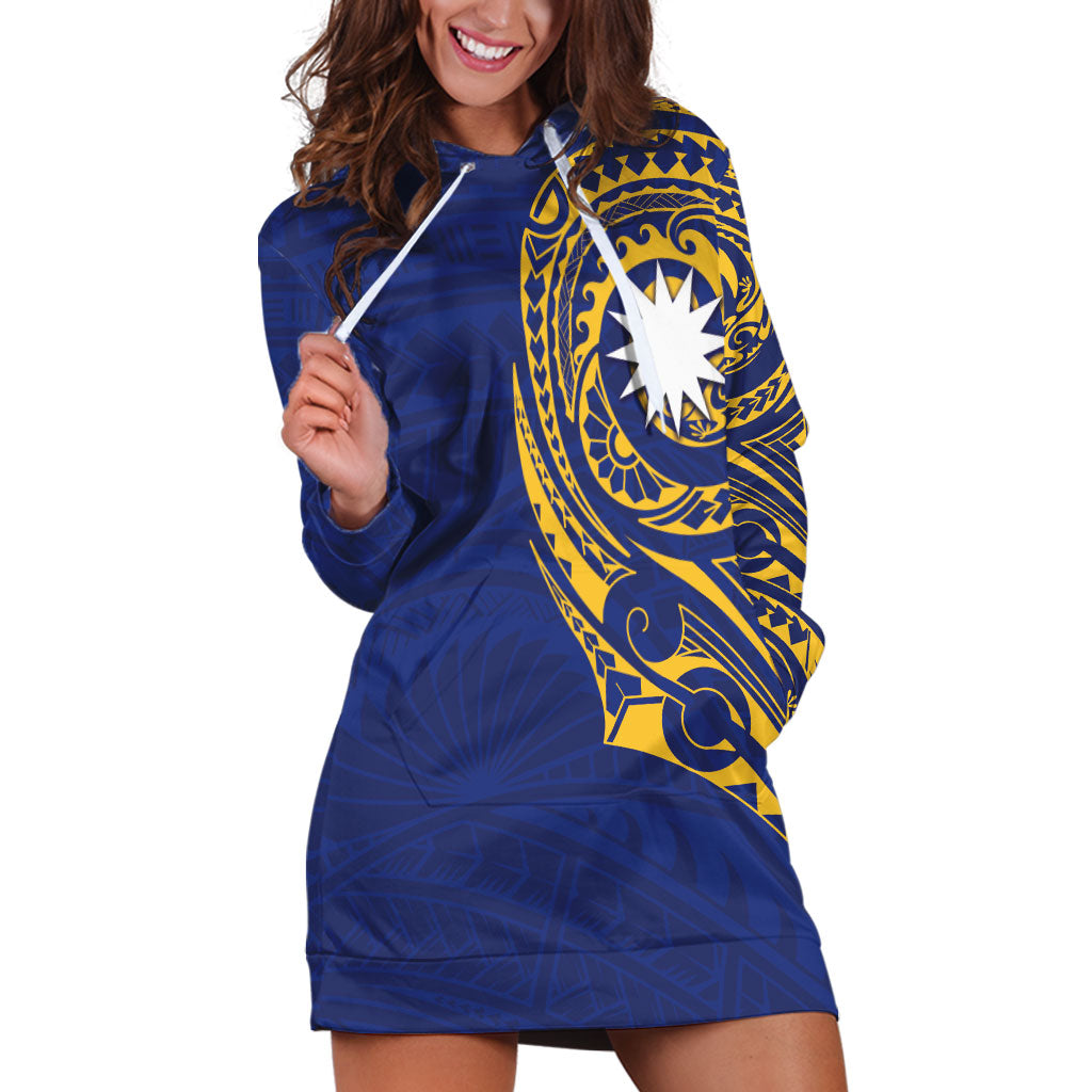 Personalised Nauru Angam Day Hoodie Dress Gold Navy Tribal Pattern LT05 Blue - Polynesian Pride