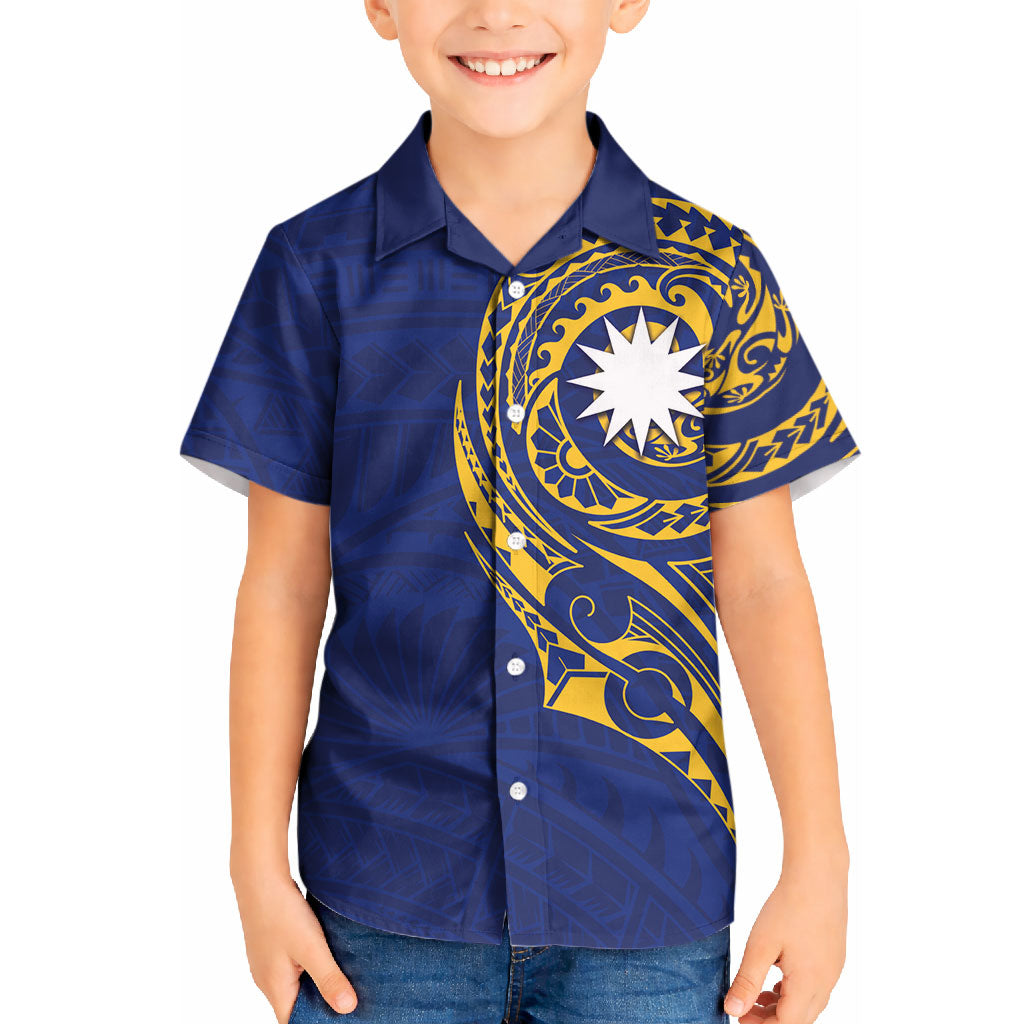 Personalised Nauru Angam Day Kid Hawaiian Shirt Gold Navy Tribal Pattern