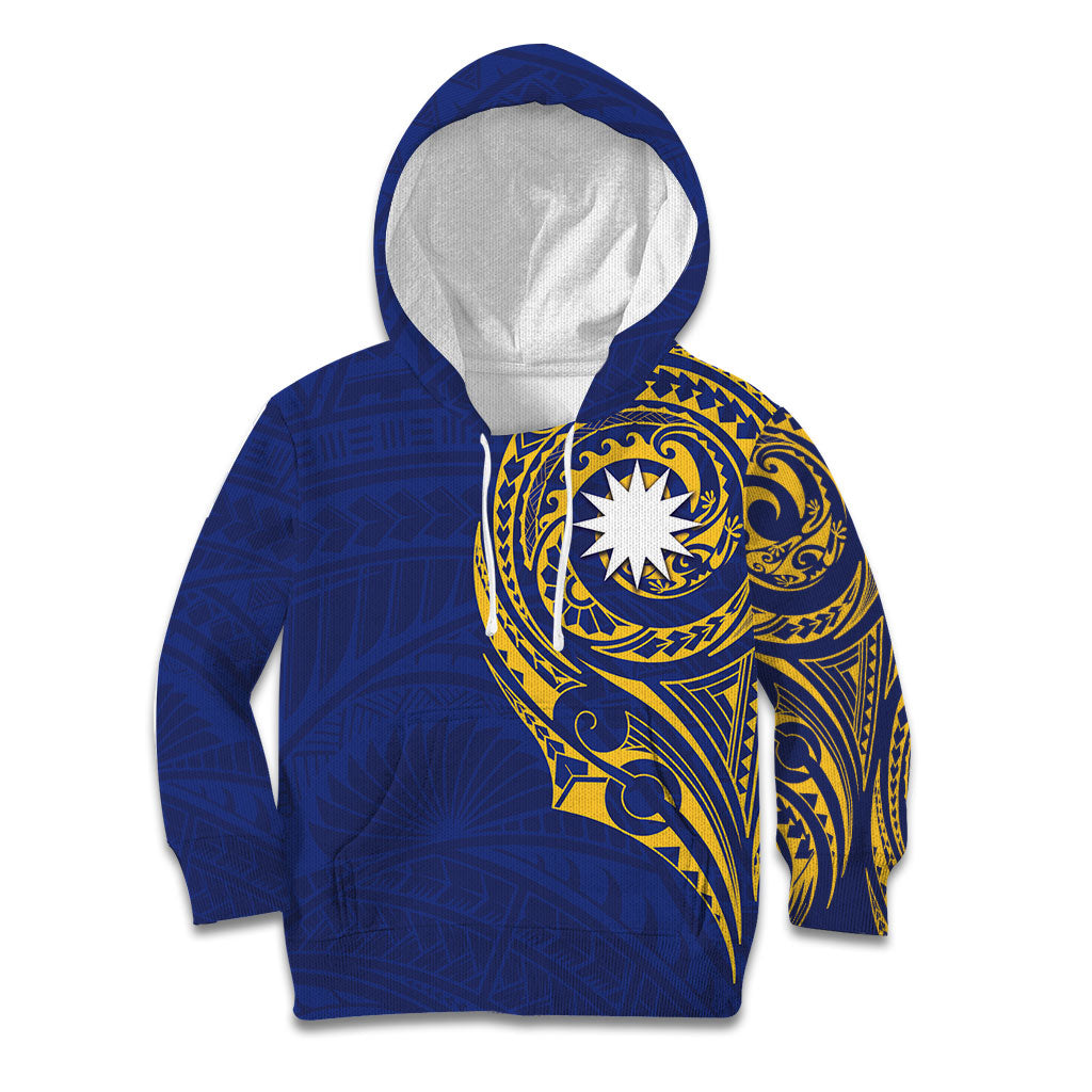 Personalised Nauru Angam Day Kid Hoodie Gold Navy Tribal Pattern LT05 Hoodie Blue - Polynesian Pride