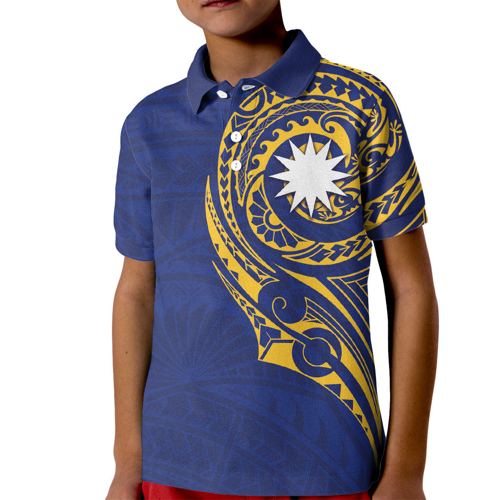 Personalised Nauru Angam Day Kid Polo Shirt Gold Navy Tribal Pattern LT05 Kid Blue - Polynesian Pride