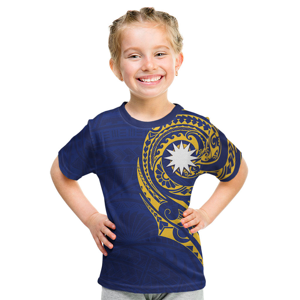 Personalised Nauru Angam Day Kid T Shirt Gold Navy Tribal Pattern LT05 Blue - Polynesian Pride