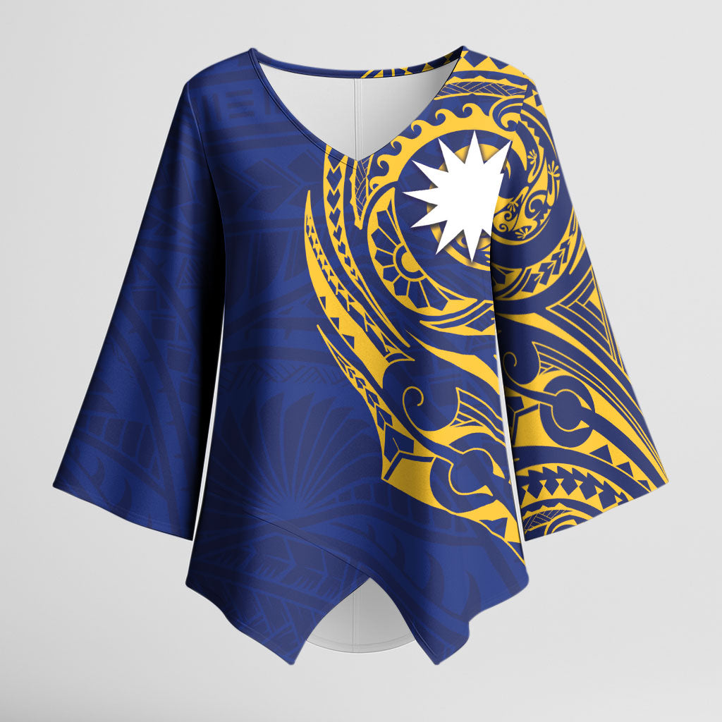 Personalised Nauru Angam Day Kimono Sleeve Blouse Gold Navy Tribal Pattern LT05 Female Blue - Polynesian Pride