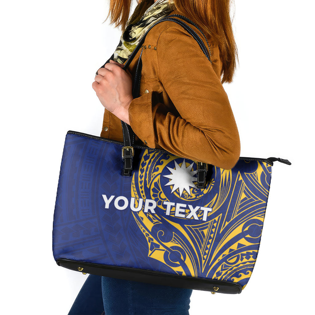 Personalised Nauru Angam Day Leather Tote Bag Gold Navy Tribal Pattern LT05 Blue - Polynesian Pride