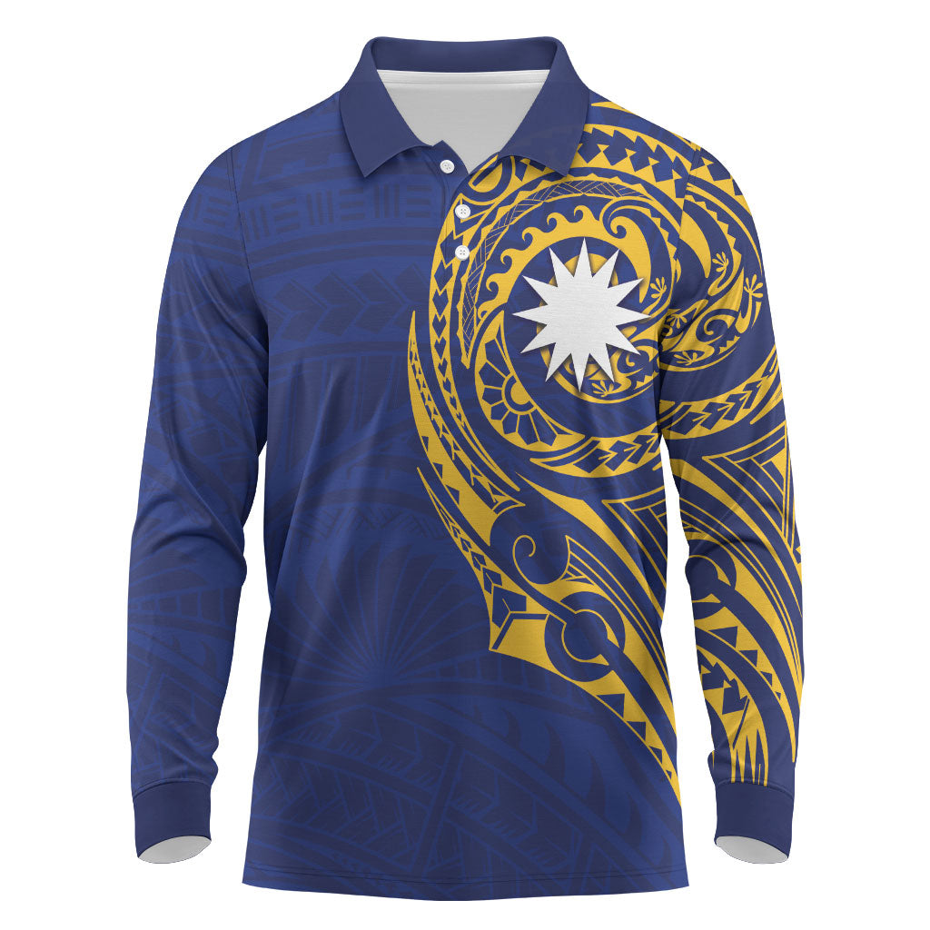 Personalised Nauru Angam Day Long Sleeve Polo Shirt Gold Navy Tribal Pattern LT05 Blue - Polynesian Pride