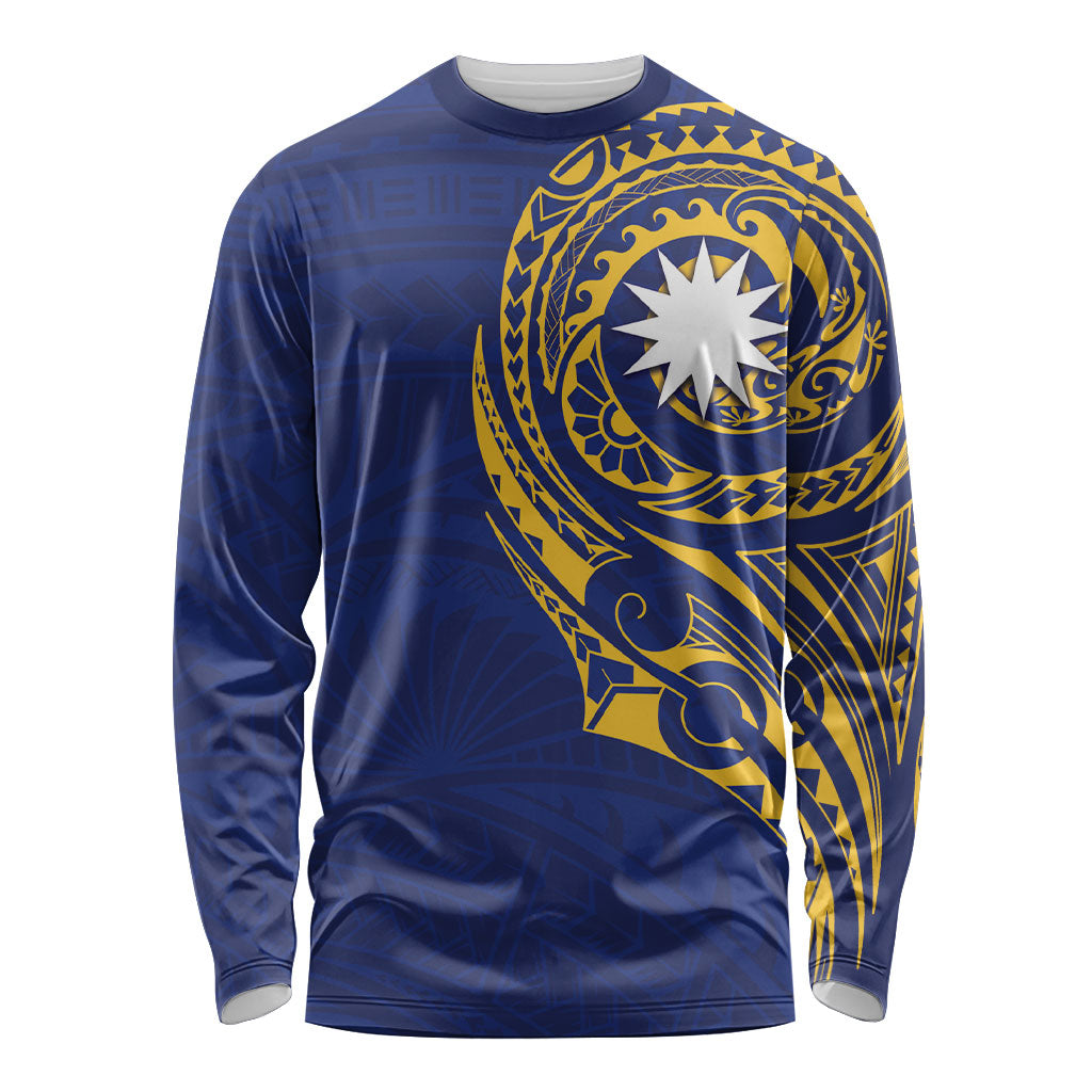 Personalised Nauru Angam Day Long Sleeve Shirt Gold Navy Tribal Pattern LT05 Unisex Blue - Polynesian Pride