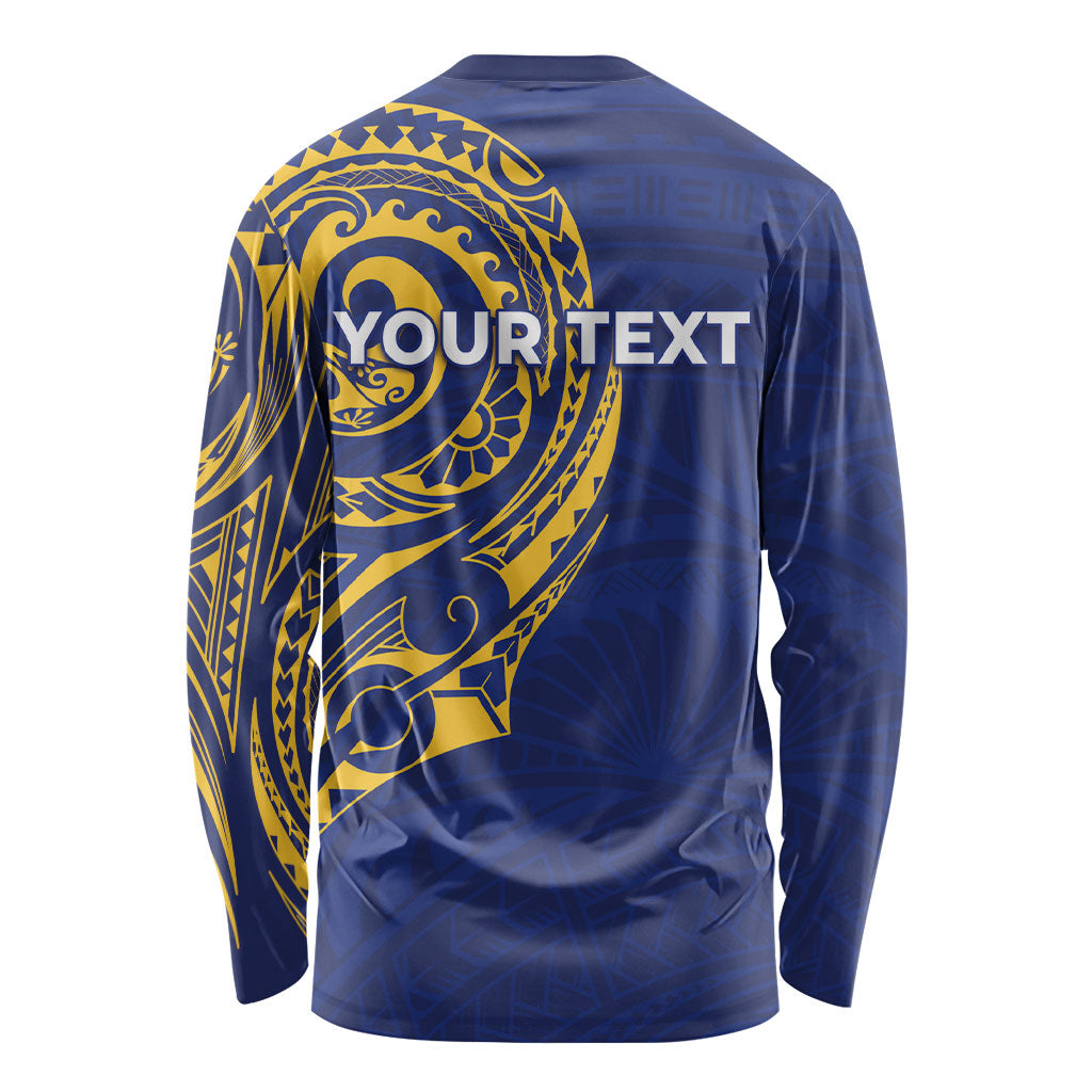 Personalised Nauru Angam Day Long Sleeve Shirt Gold Navy Tribal Pattern