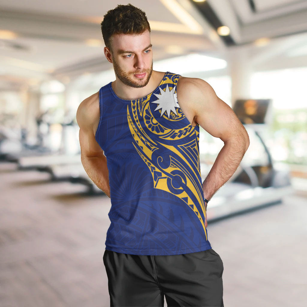 Personalised Nauru Angam Day Men Tank Top Gold Navy Tribal Pattern LT05 Blue - Polynesian Pride