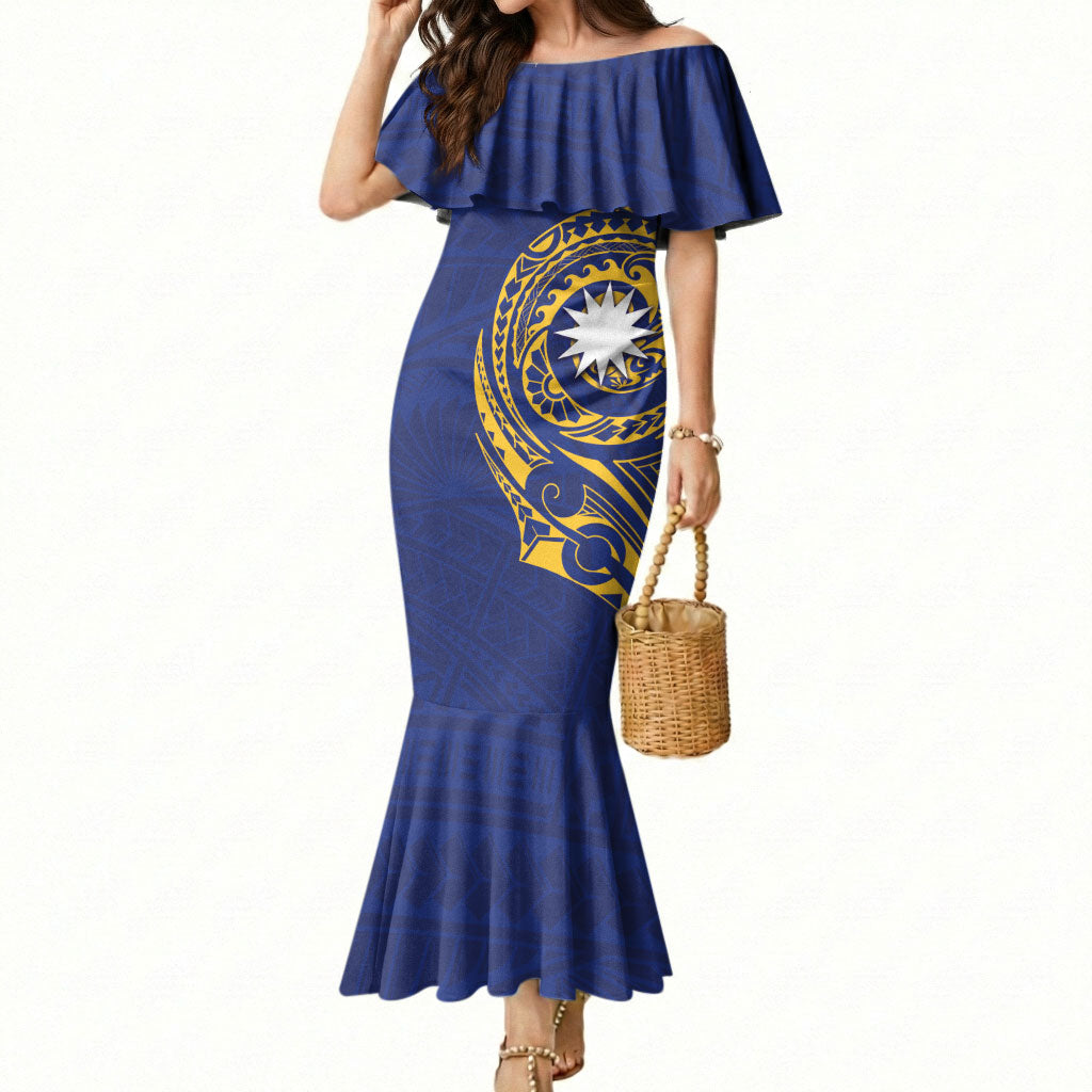 Personalised Nauru Angam Day Mermaid Dress Gold Navy Tribal Pattern LT05 Women Blue - Polynesian Pride