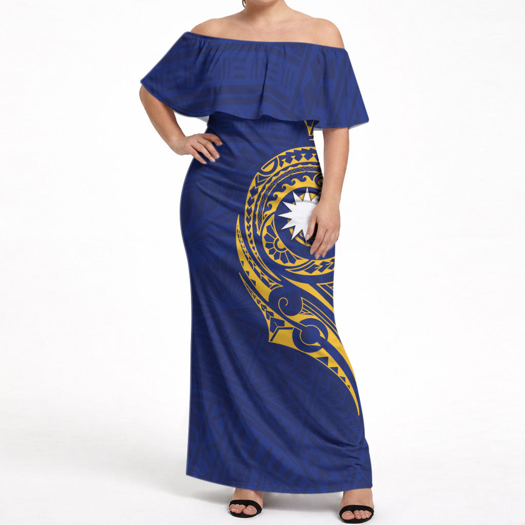 Personalised Nauru Angam Day Off Shoulder Maxi Dress Gold Navy Tribal Pattern LT05 Women Blue - Polynesian Pride
