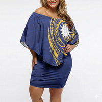 Personalised Nauru Angam Day Off Shoulder Short Dress Gold Navy Tribal Pattern