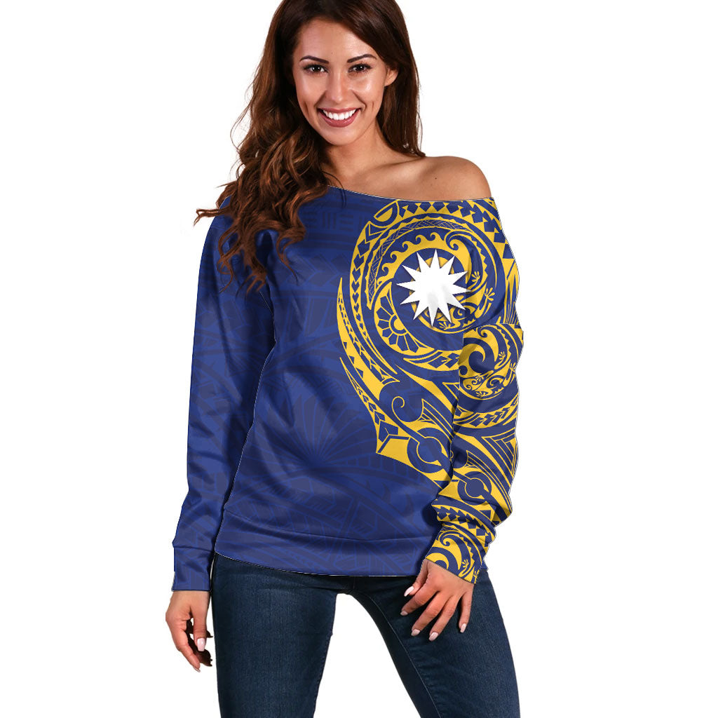 Personalised Nauru Angam Day Off Shoulder Sweater Gold Navy Tribal Pattern LT05 Women Blue - Polynesian Pride