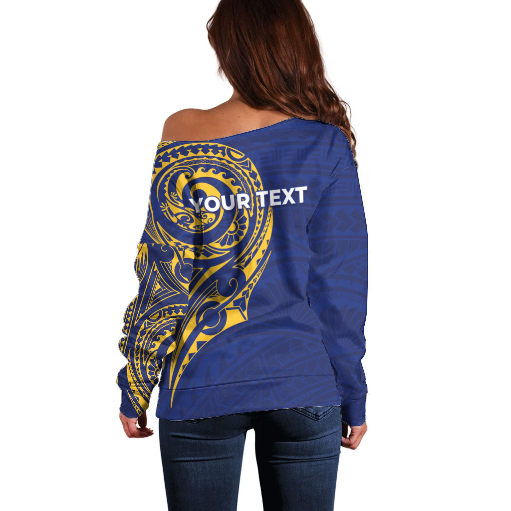 Personalised Nauru Angam Day Off Shoulder Sweater Gold Navy Tribal Pattern LT05 - Polynesian Pride