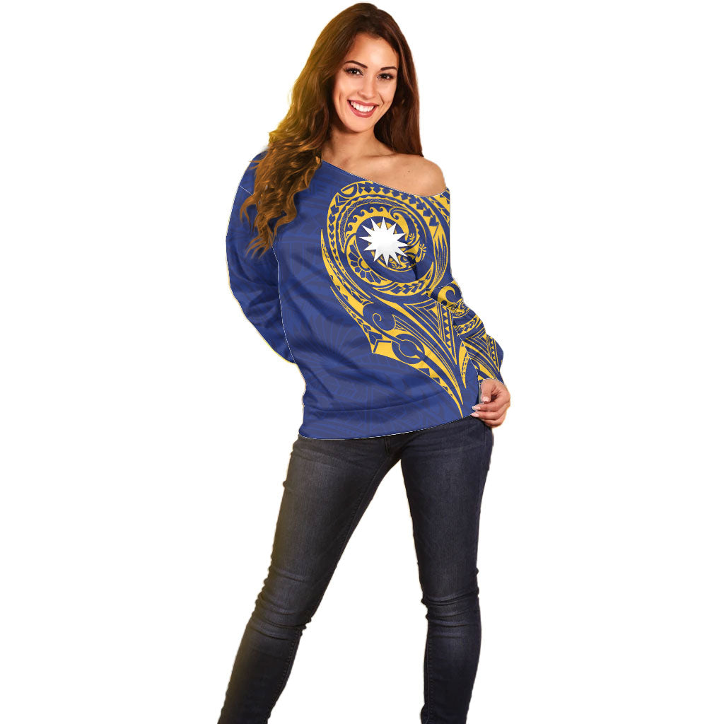 Personalised Nauru Angam Day Off Shoulder Sweater Gold Navy Tribal Pattern LT05 - Polynesian Pride