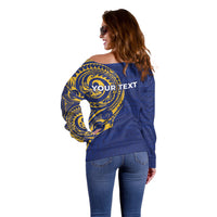 Personalised Nauru Angam Day Off Shoulder Sweater Gold Navy Tribal Pattern LT05 - Polynesian Pride