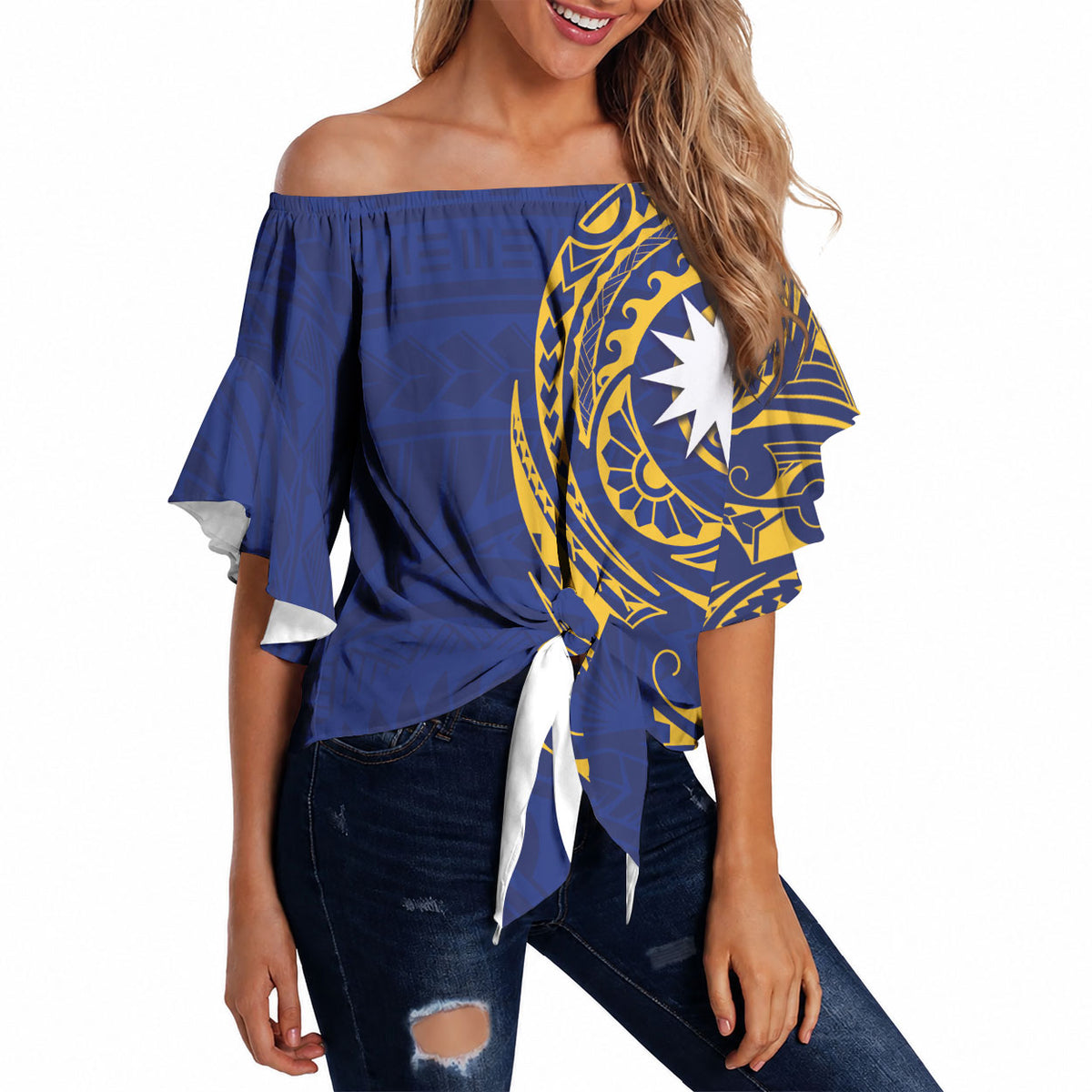 Personalised Nauru Angam Day Off Shoulder Wrap Waist Top Gold Navy Tribal Pattern