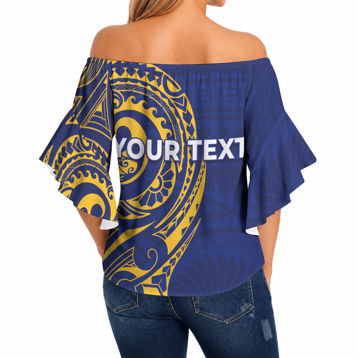 Personalised Nauru Angam Day Off Shoulder Wrap Waist Top Gold Navy Tribal Pattern