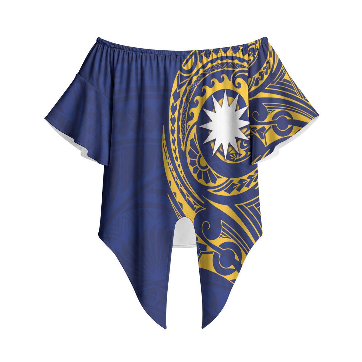 Personalised Nauru Angam Day Off Shoulder Wrap Waist Top Gold Navy Tribal Pattern