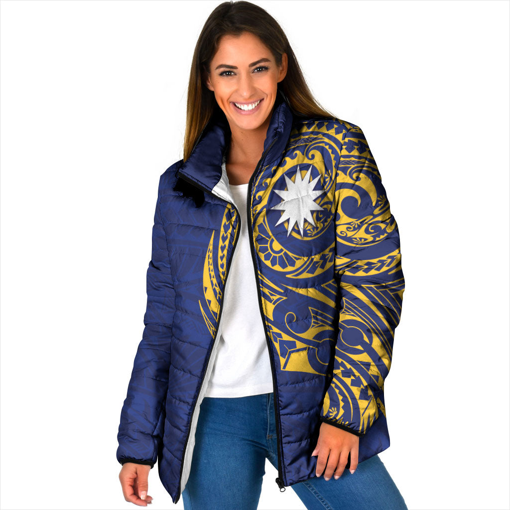 Personalised Nauru Angam Day Padded Jacket Gold Navy Tribal Pattern LT05 Women Blue - Polynesian Pride