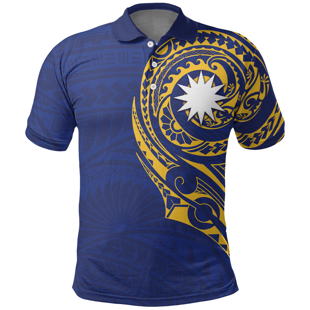 Personalised Nauru Angam Day Polo Shirt Gold Navy Tribal Pattern LT05 Blue - Polynesian Pride