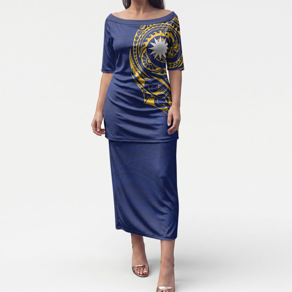Personalised Nauru Angam Day Puletasi Gold Navy Tribal Pattern LT05 Long Dress Blue - Polynesian Pride