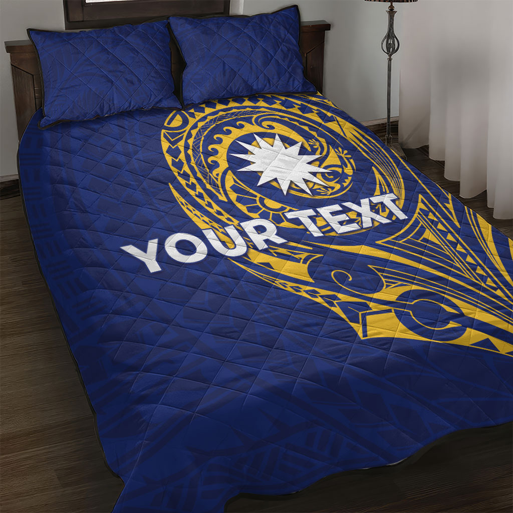 Personalised Nauru Angam Day Quilt Bed Set Gold Navy Tribal Pattern LT05 Blue - Polynesian Pride