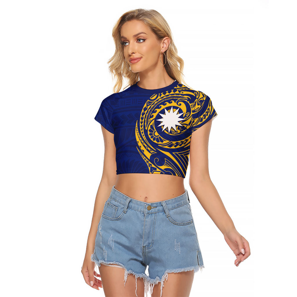 Personalised Nauru Angam Day Raglan Cropped T Shirt Gold Navy Tribal Pattern LT05 Female Blue - Polynesian Pride