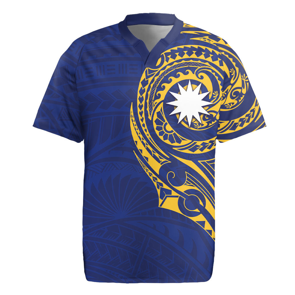 Personalised Nauru Angam Day Rugby Jersey Gold Navy Tribal Pattern LT05 Blue - Polynesian Pride