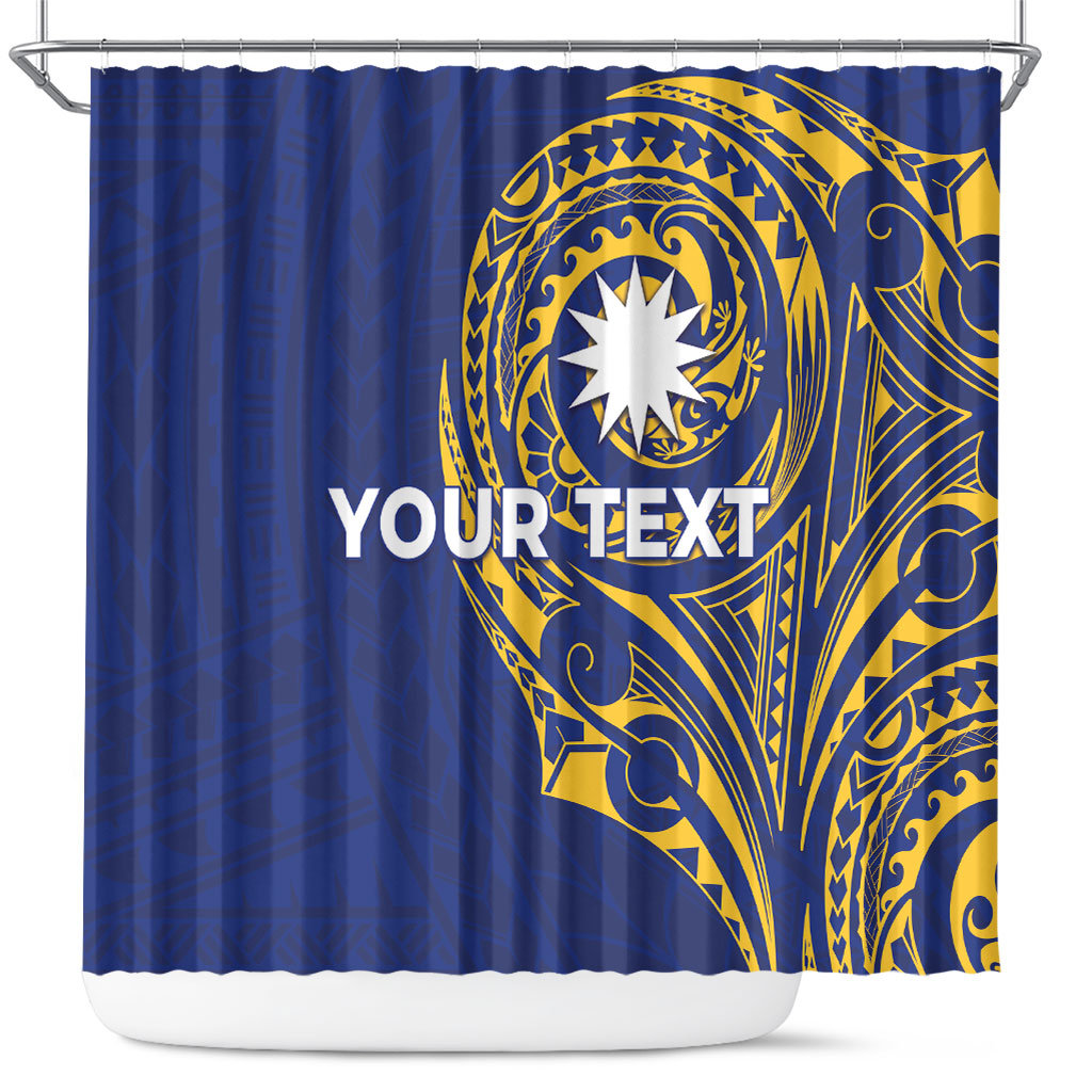 Personalised Nauru Angam Day Shower Curtain Gold Navy Tribal Pattern LT05 Blue - Polynesian Pride
