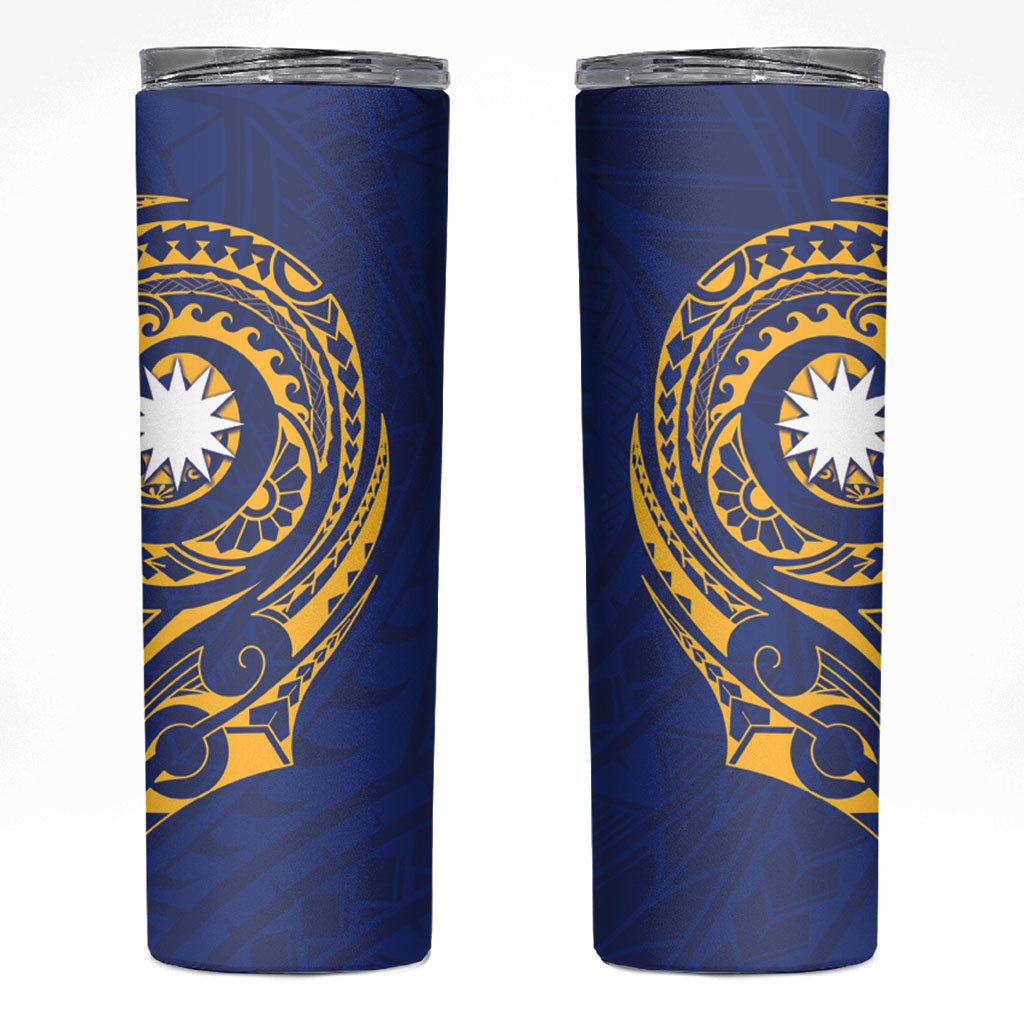 Personalised Nauru Angam Day Skinny Tumbler Gold Navy Tribal Pattern LT05 Blue - Polynesian Pride
