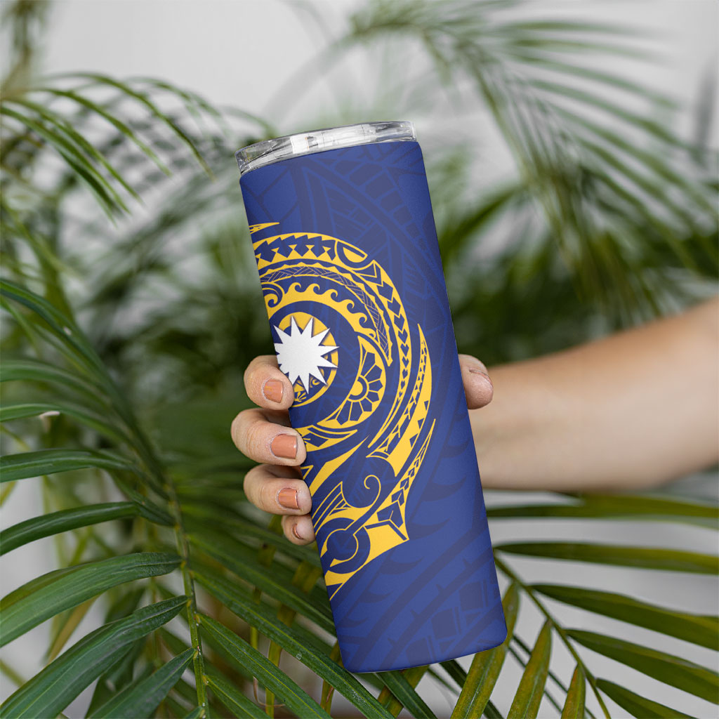 Personalised Nauru Angam Day Skinny Tumbler Gold Navy Tribal Pattern