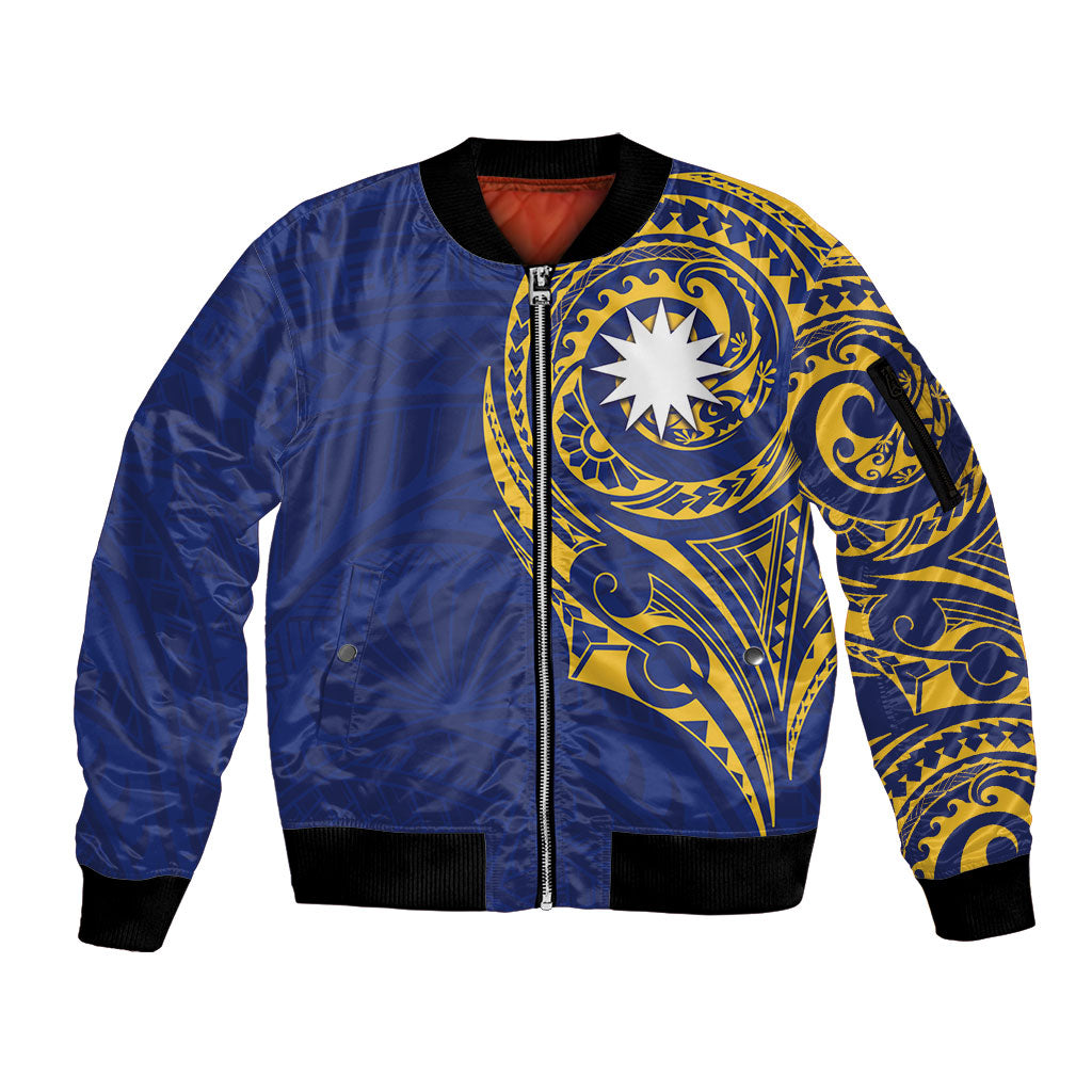 Personalised Nauru Angam Day Sleeve Zip Bomber Jacket Gold Navy Tribal Pattern LT05 Unisex Blue - Polynesian Pride