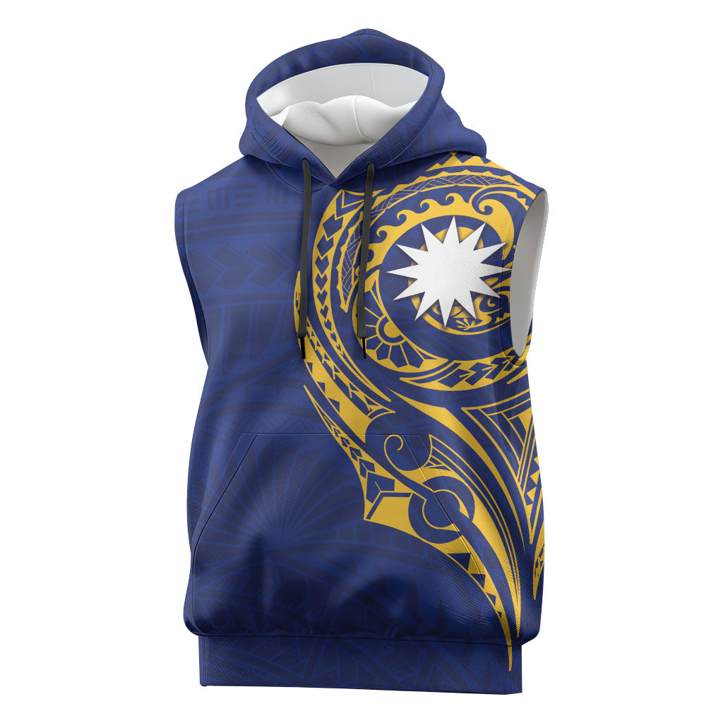 Personalised Nauru Angam Day Sleeveless Hoodie Gold Navy Tribal Pattern LT05 Blue - Polynesian Pride