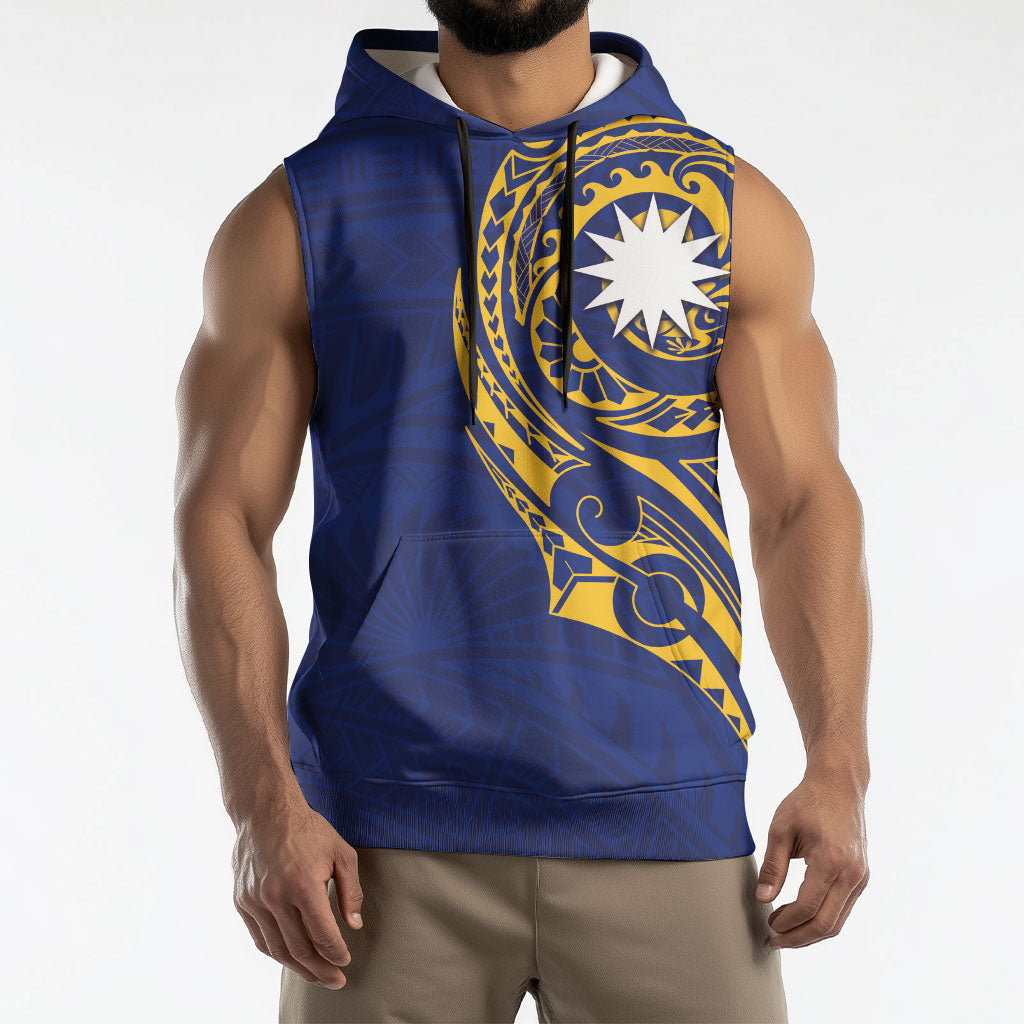 Personalised Nauru Angam Day Sleeveless Hoodie Gold Navy Tribal Pattern