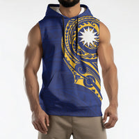 Personalised Nauru Angam Day Sleeveless Hoodie Gold Navy Tribal Pattern