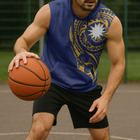 Personalised Nauru Angam Day Sleeveless Hoodie Gold Navy Tribal Pattern