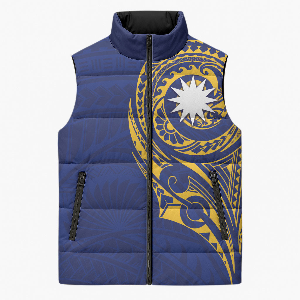 Personalised Nauru Angam Day Sleeveless Puffer Jacket Gold Navy Tribal Pattern LT05 Unisex Blue - Polynesian Pride
